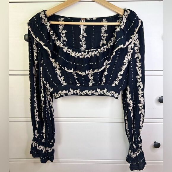 Free People Lolita Floral Ruffled Crop Top size S viscose 100% boho embroidery‎ - Picture 1 of 16